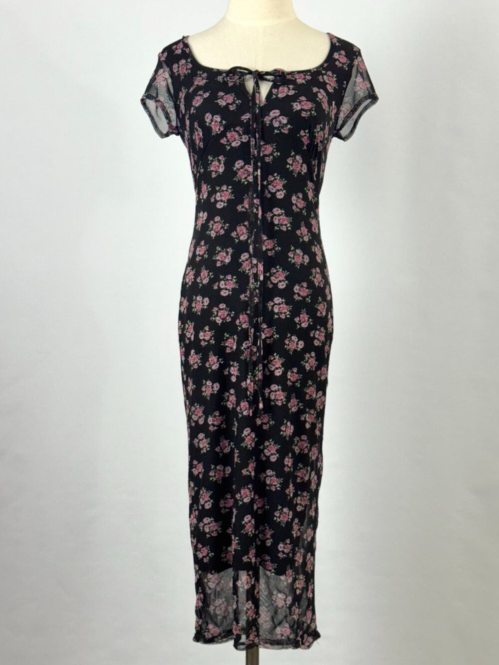 Y2K Black Rose Floral Mesh Babydoll Dress Stretch Keyhole Neckline Goth Grunge